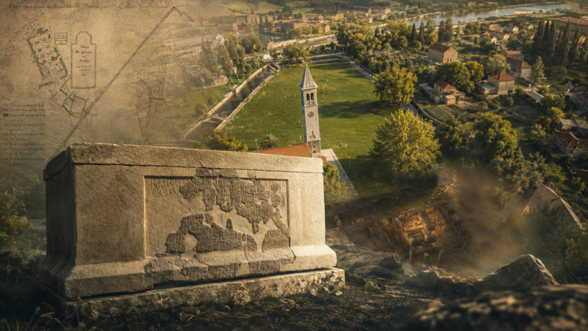 Ilustracija: Gospin otok u Solinu, s rekonstrukcijom sarkofaga kraljice Jelene i povijesnim planovima istraživanja. Ispod današnjega uređenog prostora i dalje se nalaze ostatci hrvatskoga kraljevskog mauzoleja koji nikada nije sustavno istražen do kraja.