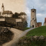 Stara crkva sv. Martina na Martin Bregu nekad i danas. Arhivska fotografija iz 1912. godine pokazuje crkvu dok su njezin brod, krovište i zvonik još bili očuvani, dok današnji prizor svjedoči o kasnijem propadanju građevine. Ilustracija: Blaga & misterije