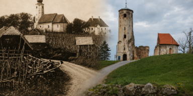 Stara crkva sv. Martina na Martin Bregu nekad i danas. Arhivska fotografija iz 1912. godine pokazuje crkvu dok su njezin brod, krovište i zvonik još bili očuvani, dok današnji prizor svjedoči o kasnijem propadanju građevine. Ilustracija: Blaga & misterije
