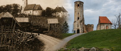 Stara crkva sv. Martina na Martin Bregu nekad i danas. Arhivska fotografija iz 1912. godine pokazuje crkvu dok su njezin brod, krovište i zvonik još bili očuvani, dok današnji prizor svjedoči o kasnijem propadanju građevine. Ilustracija: Blaga & misterije