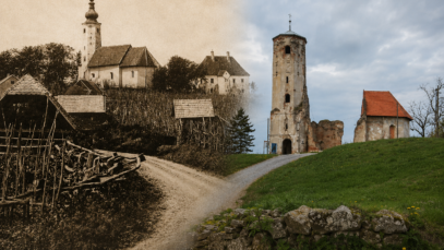 Stara crkva sv. Martina na Martin Bregu nekad i danas. Arhivska fotografija iz 1912. godine pokazuje crkvu dok su njezin brod, krovište i zvonik još bili očuvani, dok današnji prizor svjedoči o kasnijem propadanju građevine. Ilustracija: Blaga & misterije