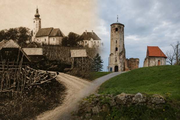 Stara crkva sv. Martina na Martin Bregu nekad i danas. Arhivska fotografija iz 1912. godine pokazuje crkvu dok su njezin brod, krovište i zvonik još bili očuvani, dok današnji prizor svjedoči o kasnijem propadanju građevine. Ilustracija: Blaga & misterije