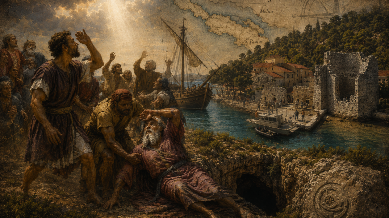 Sveti Pavao, brodolom i zagonetka antičke Melite. Ilustracija povezuje mljetski krajolik, rimske pomorske putove, Pavlovu špilju, lokalnu predaju i arheološke tragove koji Mljet vraćaju u raspravu o mjestu brodoloma opisanog u Djelima apostolskim. ILUSTRACIJA: Blaga & misterije / AI