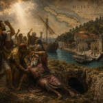 Sveti Pavao, brodolom i zagonetka antičke Melite. Ilustracija povezuje mljetski krajolik, rimske pomorske putove, Pavlovu špilju, lokalnu predaju i arheološke tragove koji Mljet vraćaju u raspravu o mjestu brodoloma opisanog u Djelima apostolskim. ILUSTRACIJA: Blaga & misterije / AI