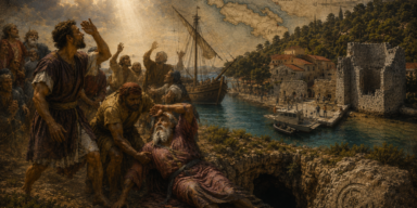 Sveti Pavao, brodolom i zagonetka antičke Melite. Ilustracija povezuje mljetski krajolik, rimske pomorske putove, Pavlovu špilju, lokalnu predaju i arheološke tragove koji Mljet vraćaju u raspravu o mjestu brodoloma opisanog u Djelima apostolskim. ILUSTRACIJA: Blaga & misterije / AI