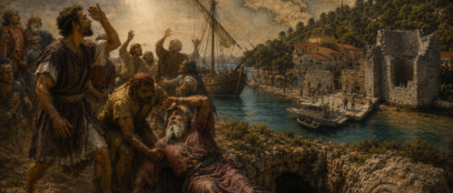 Sveti Pavao, brodolom i zagonetka antičke Melite. Ilustracija povezuje mljetski krajolik, rimske pomorske putove, Pavlovu špilju, lokalnu predaju i arheološke tragove koji Mljet vraćaju u raspravu o mjestu brodoloma opisanog u Djelima apostolskim. ILUSTRACIJA: Blaga & misterije / AI