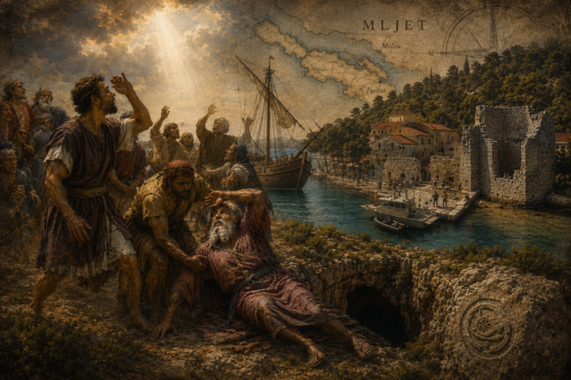 Sveti Pavao, brodolom i zagonetka antičke Melite. Ilustracija povezuje mljetski krajolik, rimske pomorske putove, Pavlovu špilju, lokalnu predaju i arheološke tragove koji Mljet vraćaju u raspravu o mjestu brodoloma opisanog u Djelima apostolskim. ILUSTRACIJA: Blaga & misterije / AI