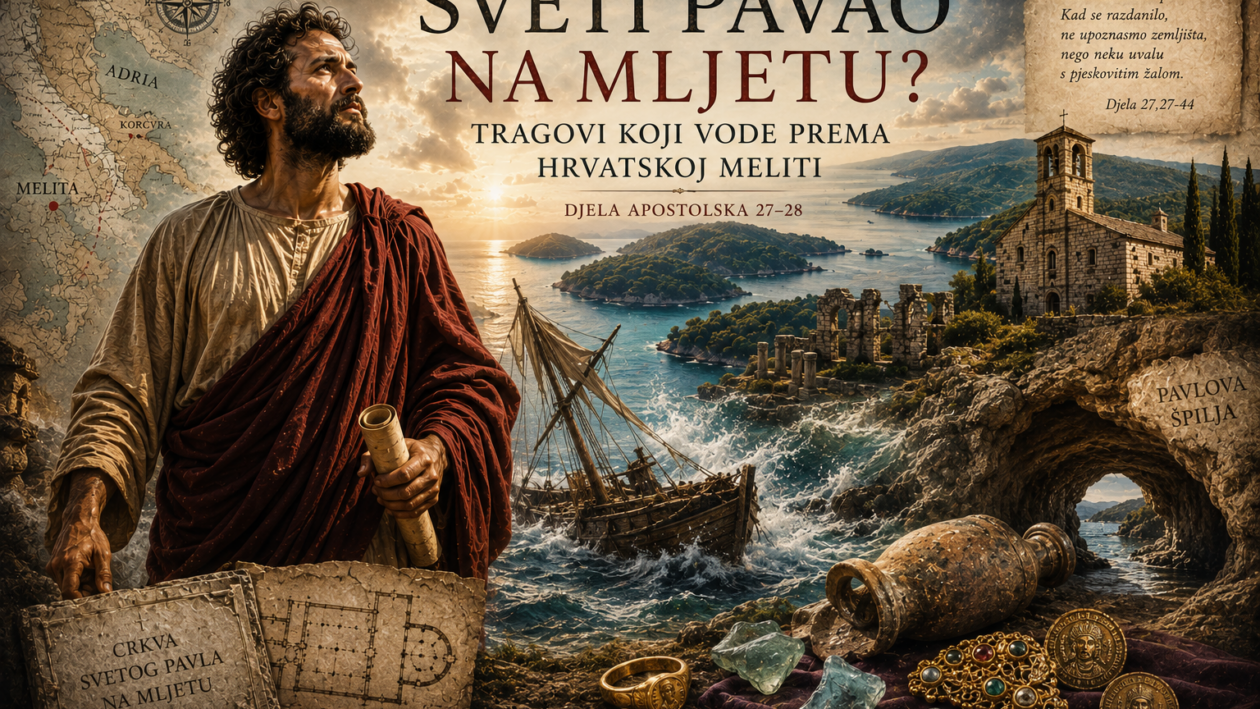 Sveti Pavao, brodolom i zagonetka antičke Melite. Ilustracija povezuje mljetski krajolik, rimske pomorske putove, Pavlovu špilju, lokalnu predaju i arheološke tragove koji Mljet vraćaju u raspravu o mjestu brodoloma opisanog u Djelima apostolskim. ILUSTRACIJA: Blaga & misterije / AI