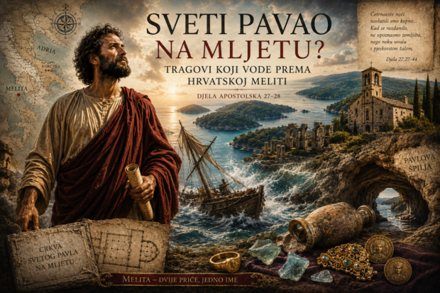 Sveti Pavao, brodolom i zagonetka antičke Melite. Ilustracija povezuje mljetski krajolik, rimske pomorske putove, Pavlovu špilju, lokalnu predaju i arheološke tragove koji Mljet vraćaju u raspravu o mjestu brodoloma opisanog u Djelima apostolskim. ILUSTRACIJA: Blaga & misterije / AI