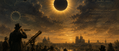 Pomrčine Sunca stoljećima su izazivale strahopoštovanje, stvarale mitove i poticale ljude na promatranje neba. Ilustracija inspirirana povijesnim prikazima pomrčina iz 19. stoljeća. ILUSTRACIJA: Blaga & misterije / AI