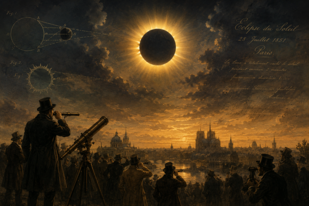 Pomrčine Sunca stoljećima su izazivale strahopoštovanje, stvarale mitove i poticale ljude na promatranje neba. Ilustracija inspirirana povijesnim prikazima pomrčina iz 19. stoljeća. ILUSTRACIJA: Blaga & misterije / AI