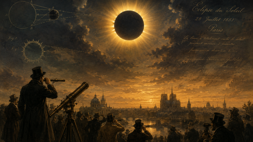 Pomrčine Sunca stoljećima su izazivale strahopoštovanje, stvarale mitove i poticale ljude na promatranje neba. Ilustracija inspirirana povijesnim prikazima pomrčina iz 19. stoljeća. ILUSTRACIJA: Blaga & misterije / AI