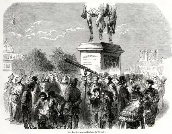 Parižani promatraju pomrčinu Sunca 28. srpnja 1851. godine. Povijesna ilustracija iz 19. stoljeća.