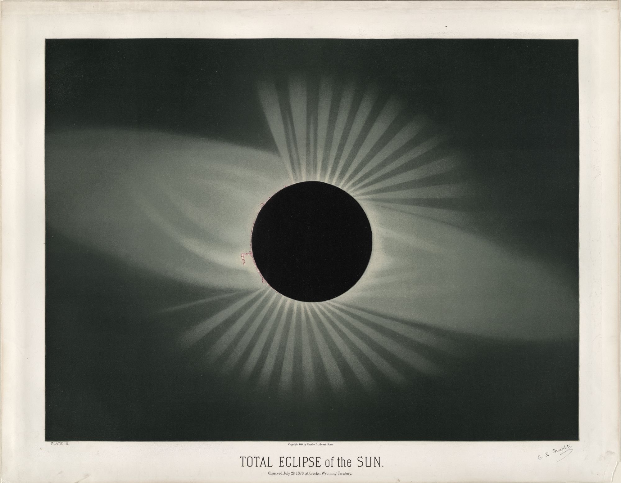 Potpuna pomrčina Sunca 29. srpnja 1878. promatrana kod Crestona u Wyomingu. Kromolitografija francuskog astronoma i umjetnika Étiennea Léopolda Trouvelota objavljena je u astronomskom atlasu 1882. ILUSTRACIJA: Étienne Léopold Trouvelot / New York Public Library, Public Domain