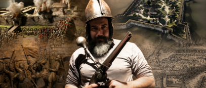 Vedran Šoštarić u Sigetu, na mjestu opsade iz 1566. godine. U pozadini prizori bitke i rekonstrukcija nekadašnje Sigetske tvrđave. Ilustracija: Blaga & misterije