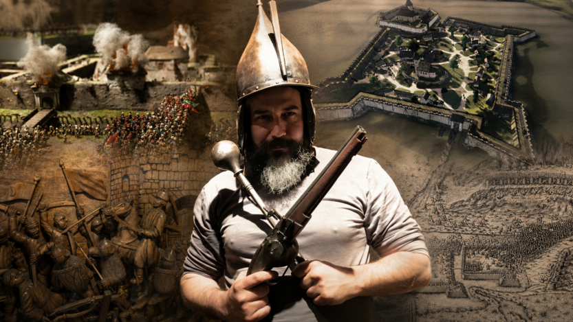 Vedran Šoštarić u Sigetu, na mjestu opsade iz 1566. godine. U pozadini prizori bitke i rekonstrukcija nekadašnje Sigetske tvrđave. Ilustracija: Blaga & misterije