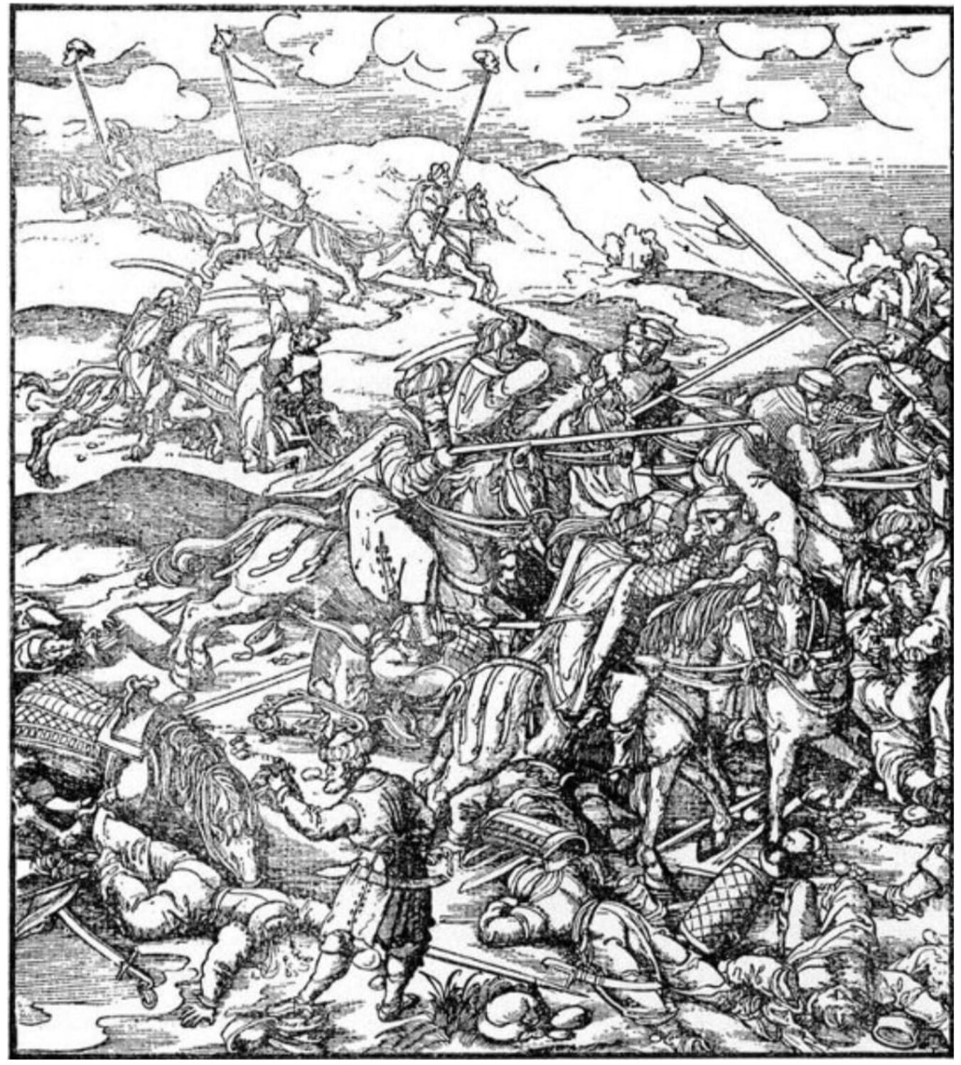 Bitka na Krbavskom polju 1493. na drvorezu njemačkog umjetnika Leonharda Becka, nastalom oko 1514.–1516. za ilustrirani projekt Weißkunig cara Maksimilijana I. Prikaz, nastao dvadesetak godina nakon bitke, naglašava kaos hrvatskog poraza i brutalnost sukoba s Osmanlijama. Izvor: Leonhard Beck / British Museum, javno dobro.