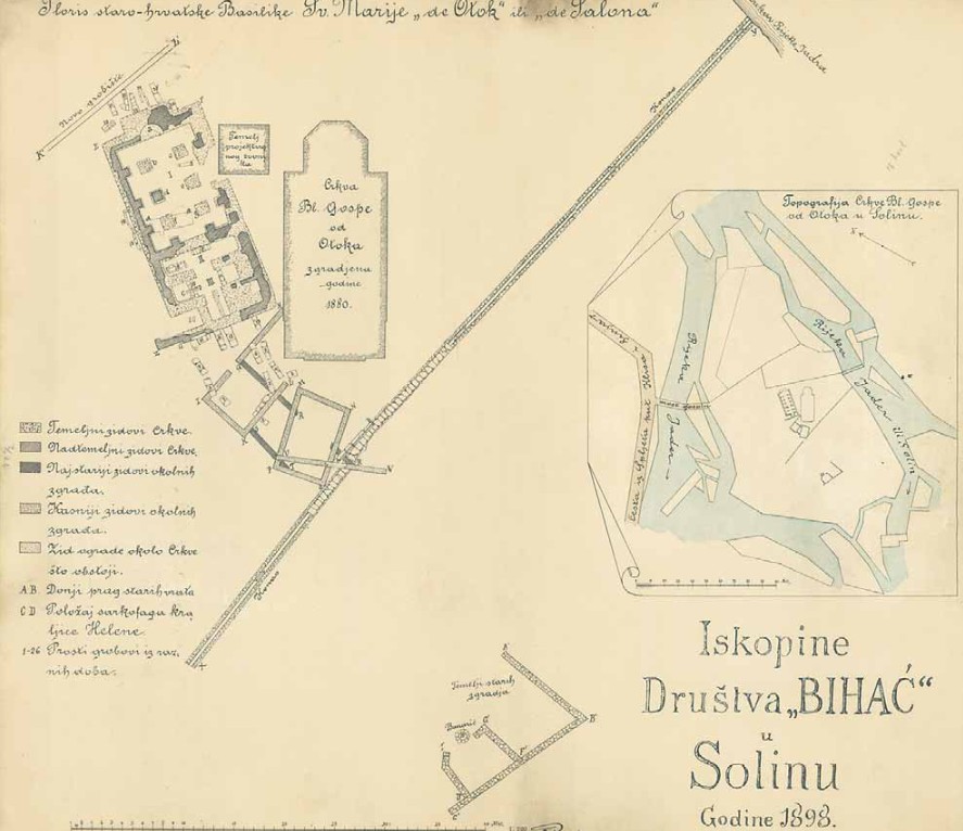 Plan arheoloških istraživanja Gospina otoka u Solinu iz vremena rada Društva „Bihać“. Prostor na kojem su pronađeni ostatci crkve sv. Stjepana i grob kraljice Jelene jedan je od ključnih lokaliteta za razumijevanje kraljevskoga Solina. Izvor: arhivska građa / Društvo „Bihać“.