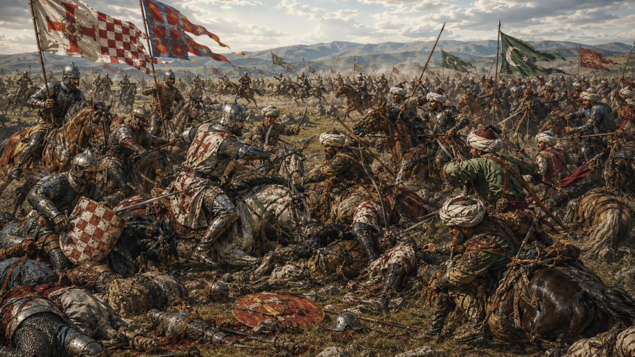 ilustrativna rekonstrukcija sukoba hrvatsko-ugarske vojske bana Emerika Derenčina i osmanskih snaga Hadim Jakuba na Krbavskom polju. Ilustracija: Blaga & misterije / AI vizualizacija prema povijesnim izvorima i znanstvenoj rekonstrukciji Hrvoja Kekeza.