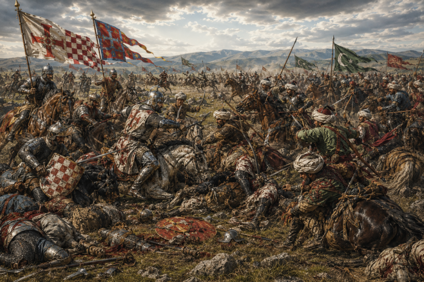 ilustrativna rekonstrukcija sukoba hrvatsko-ugarske vojske bana Emerika Derenčina i osmanskih snaga Hadim Jakuba na Krbavskom polju. Ilustracija: Blaga & misterije / AI vizualizacija prema povijesnim izvorima i znanstvenoj rekonstrukciji Hrvoja Kekeza.