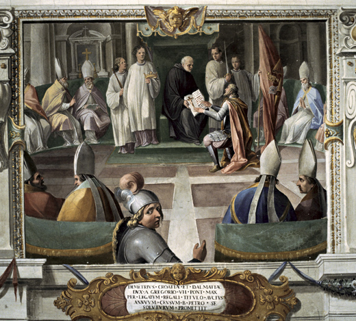 Krunidba i prisega kralja Dmitra Zvonimira 1076. godine na fresci Marzija Ganassinija, nastaloj između 1610. i 1614. u prostorijama današnjega Vatikanskog apostolskog arhiva. Činjenica da je Zvonimirova krunidba stoljećima poslije uvrštena među povijesne prizore u Vatikanu svjedoči o mjestu koje je taj događaj zauzimao u povijesnom pamćenju odnosa papinstva i europskih vladara.