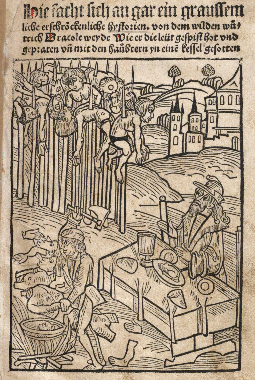 Vlad III. Drakula za stolom pred nabijenim žrtvama na drvorezu iz njemačke tiskane tradicije o „divljem tiraninu Dracoli“. Prikaz je objavljen u djelu Historia von dem wilden Wüterich Dracole Waida, Strasbourg, oko 1500. Ovakvi su letci krajem 15. i početkom 16. stoljeća snažno pridonijeli širenju Drakuline „crne legende“ diljem Europe. Izvor: Germanisches Nationalmuseum, Nürnberg.