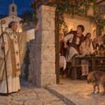 Ilustracija sukoba sv. Gaudencija s plemićem i svadbenom družinom, prema kasnijoj osorskoj predaji u kojoj se povijesni događaj postupno pretvara u dramatičnu legendu. Motiv se oslanja na priču o zabranjenom braku, biskupovu protivljenju i kasnijim pučkim preobrazbama predaje. Ilustracija: Trpimir Vedriš