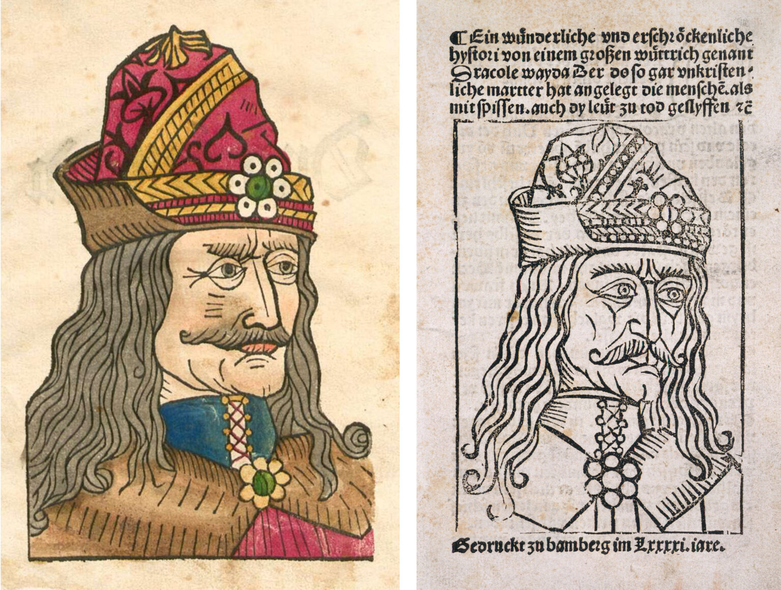 Dva rana tiskana prikaza Vlada III. Drakule iz njemačkih izdanja priča o „Dracoli Waydi“. Lijevo: obojeni drvorez iz nürnberškog izdanja oko 1488. godine, danas u Bayerische Staatsbibliothek u Münchenu. Desno: naslovnica bamberškog izdanja iz 1491. godine, danas u British Library u Londonu. Ovakvi su letci krajem 15. stoljeća snažno pridonijeli oblikovanju i širenju Drakuline „crne legende“ u Europi.