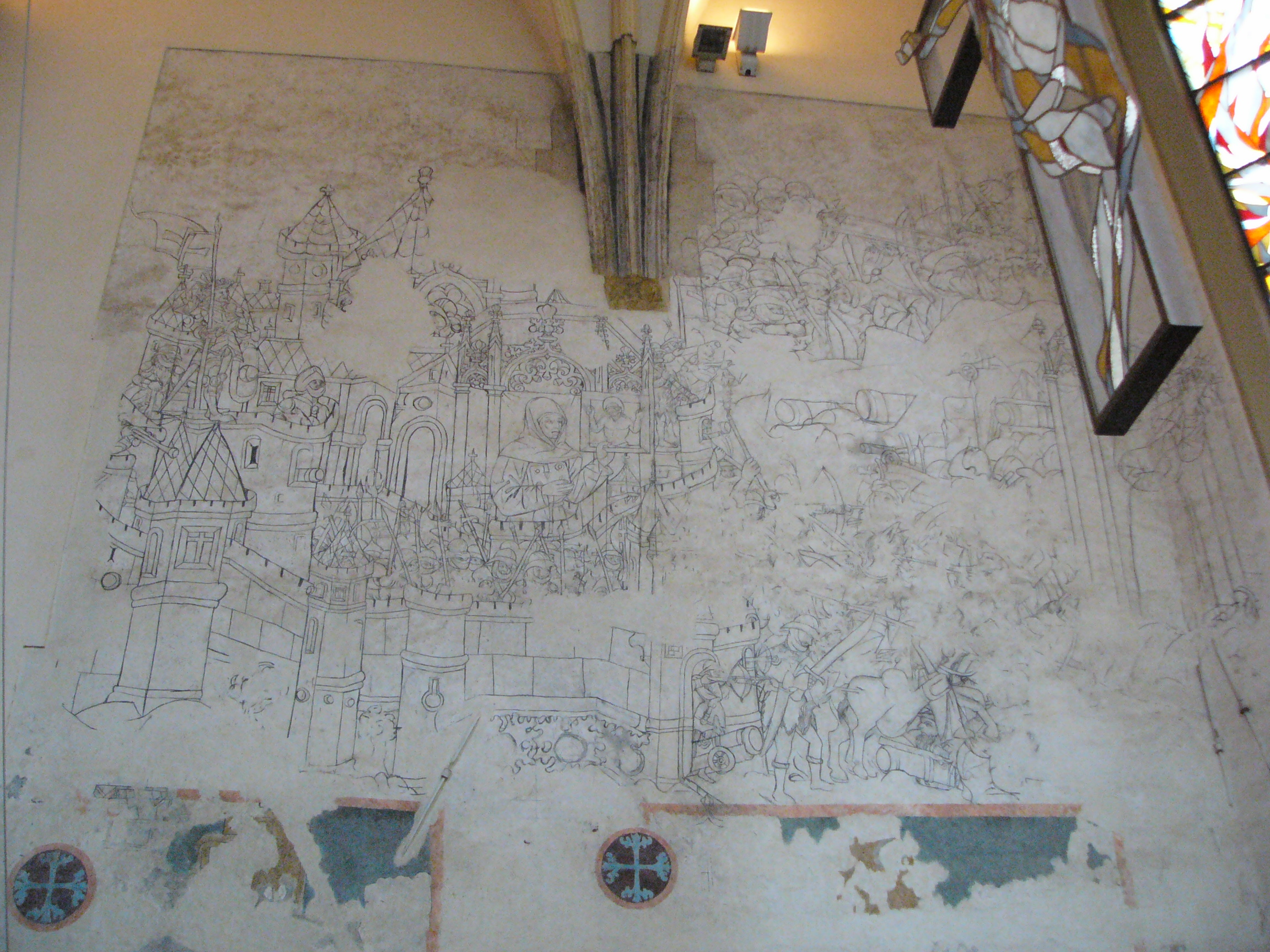 Opsada Beograda 1456. na fresci u Olomoucu nastaloj 1468., svega dvanaest godina nakon bitke. U središtu prikaza nalazi se Ivan Kapistran, a lijevo Janko Hunjadi sa zastavom. Freska je jedan od najstarijih sačuvanih prikaza bitke u kojoj je vojska Mehmeda II. zaustavljena pred Beogradom. FOTO: Michal Maňas / Wikimedia Commons, CC BY 4.0.