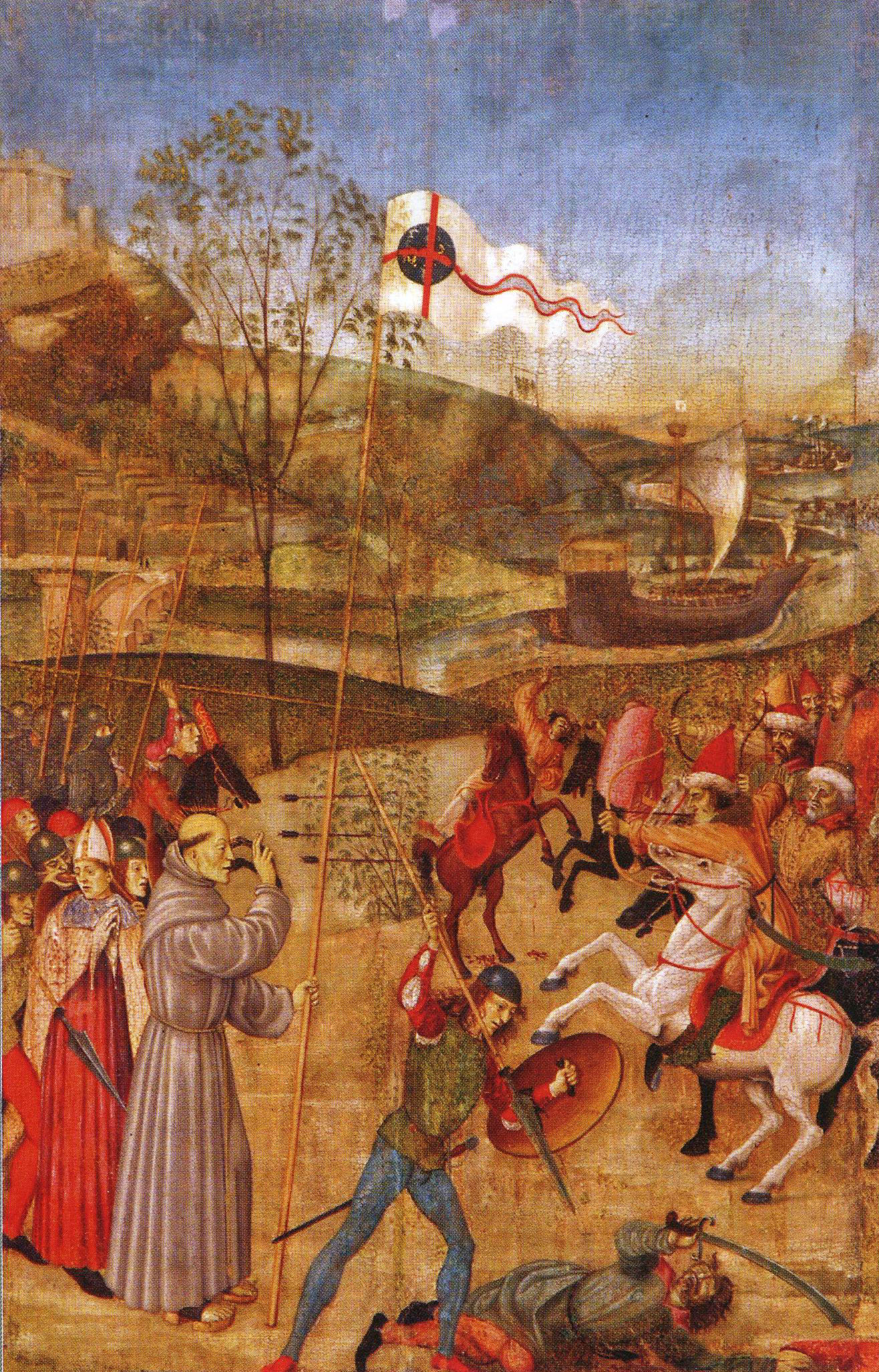 Ivan Kapistran okružen prizorima iz svojega života, među kojima je prikazana i obrana Beograda 1456. Oltarna pala Giovannija di Bartolomea d’Aquila. IZVOR: Wikimedia Commons