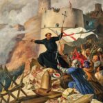 Ivan Kapistran pred Beogradom tijekom borbi protiv osmanske vojske 1456. godine. Austrijski slikar Anton von Perger naslikao je prizor gotovo četiri stoljeća nakon događaja, kao romantičarsku interpretaciju Kapistranove uloge u obrani grada. Anton von Perger, „Die Entsetzung Belgrads durch Johannes Capistrano 21. Juli 1456“, 1846., ulje na platnu, 110 × 93 cm. IZVOR: Dorotheum / Wikimedia Commons, javno dobro.