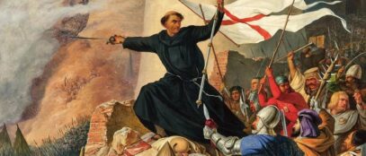 Ivan Kapistran pred Beogradom tijekom borbi protiv osmanske vojske 1456. godine. Austrijski slikar Anton von Perger naslikao je prizor gotovo četiri stoljeća nakon događaja, kao romantičarsku interpretaciju Kapistranove uloge u obrani grada. Anton von Perger, „Die Entsetzung Belgrads durch Johannes Capistrano 21. Juli 1456“, 1846., ulje na platnu, 110 × 93 cm. IZVOR: Dorotheum / Wikimedia Commons, javno dobro.