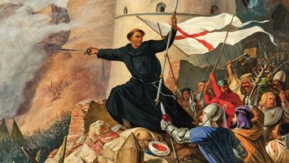 Ivan Kapistran pred Beogradom tijekom borbi protiv osmanske vojske 1456. godine. Austrijski slikar Anton von Perger naslikao je prizor gotovo četiri stoljeća nakon događaja, kao romantičarsku interpretaciju Kapistranove uloge u obrani grada. Anton von Perger, „Die Entsetzung Belgrads durch Johannes Capistrano 21. Juli 1456“, 1846., ulje na platnu, 110 × 93 cm. IZVOR: Dorotheum / Wikimedia Commons, javno dobro.