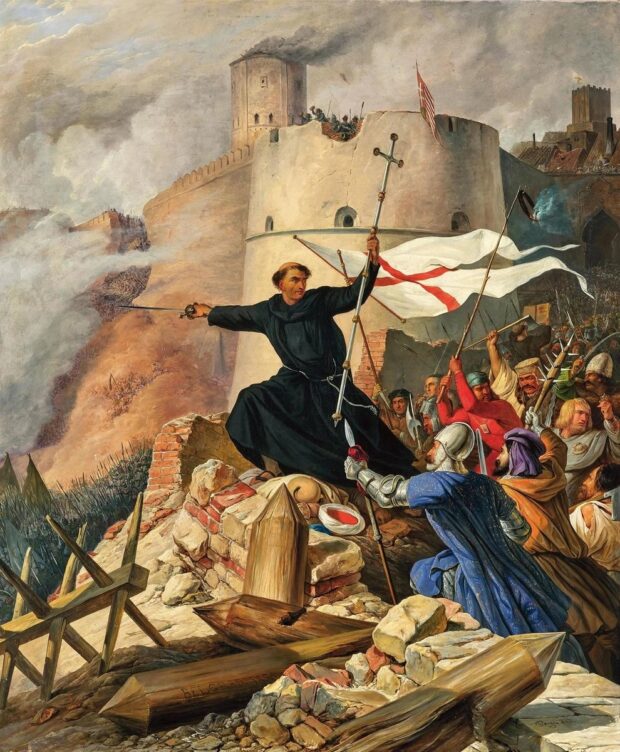 Ivan Kapistran pred Beogradom tijekom borbi protiv osmanske vojske 1456. godine. Austrijski slikar Anton von Perger naslikao je prizor gotovo četiri stoljeća nakon događaja, kao romantičarsku interpretaciju Kapistranove uloge u obrani grada. Anton von Perger, „Die Entsetzung Belgrads durch Johannes Capistrano 21. Juli 1456“, 1846., ulje na platnu, 110 × 93 cm. IZVOR: Dorotheum / Wikimedia Commons, javno dobro.