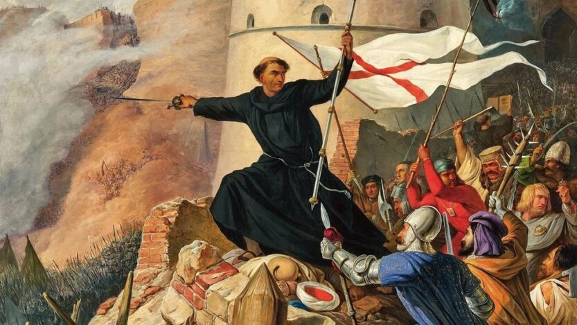 Ivan Kapistran pred Beogradom tijekom borbi protiv osmanske vojske 1456. godine. Austrijski slikar Anton von Perger naslikao je prizor gotovo četiri stoljeća nakon događaja, kao romantičarsku interpretaciju Kapistranove uloge u obrani grada. Anton von Perger, „Die Entsetzung Belgrads durch Johannes Capistrano 21. Juli 1456“, 1846., ulje na platnu, 110 × 93 cm. IZVOR: Dorotheum / Wikimedia Commons, javno dobro.