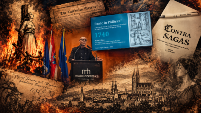 Ilustracija spaja prizore s međunarodne konferencije Contra Sagas u Zagrebu s motivima povijesnih progona vještica, sudskih procesa i lomača ranoga novog vijeka. ILUSTRACIJA: Blaga & misterije / AI