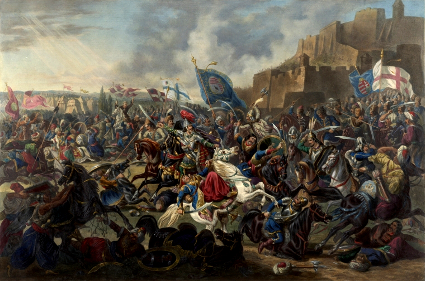 Obrana Beograda 1456. od vojske Mehmeda II. na koloriranom čeličnom bakrorezu Antona Bognera iz oko 1840. godine. Obranu grada predvodio je Janko Hunjadi, uz potporu Ivana Kapistrana i križara koje je franjevački propovjednik okupio. Anton Bogner, „Verteidigung der Burg von Belgrad durch Johann Hunyadi 1456“, oko 1840. IZVOR: Österreichische Nationalbibliothek / Wikimedia Commons, javno dobro.