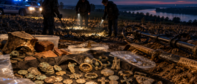 Gotovo 1400 arheoloških predmeta pronađeno je tijekom kriminalističkog istraživanja nakon što je policija u Negoslavcima kod Vukovara zatekla troje osumnjičenih s detektorima metala na zaštićenom arheološkom nalazištu. Ilustracija: Blaga & misterije