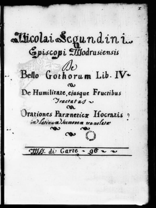 Kodeks MS Corsin. 127 (43 E 3) iz rimske Biblioteca dell’Accademia Nazionale dei Lincei e Corsiniana, u kojem je sačuvan autograf djela Nikole Modruškog De bellis Gothorum. U tom je djelu Modruški zabilježio i svoje podatke o Vladu III. Drakuli te neobičnu priču iz Senja. Izvor: Biblioteca Corsiniana, Rim.